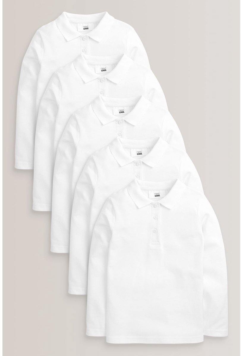 Next - Meisjes - Verpakking van 5 100% katoenen schoolpoloshirts met lange mouwen - Wit