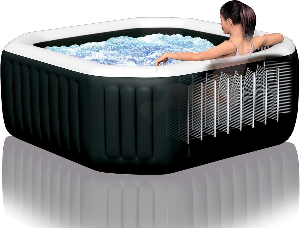 Opblaasbare Jacuzzi 218x71 cm 6 Personen 140 Airjets + 6 Hydrojets Zoutwatersysteem Verwarmd Bubbelbad Outdoor Spa met Afdekking – Octagon Deluxe – Urbanhome