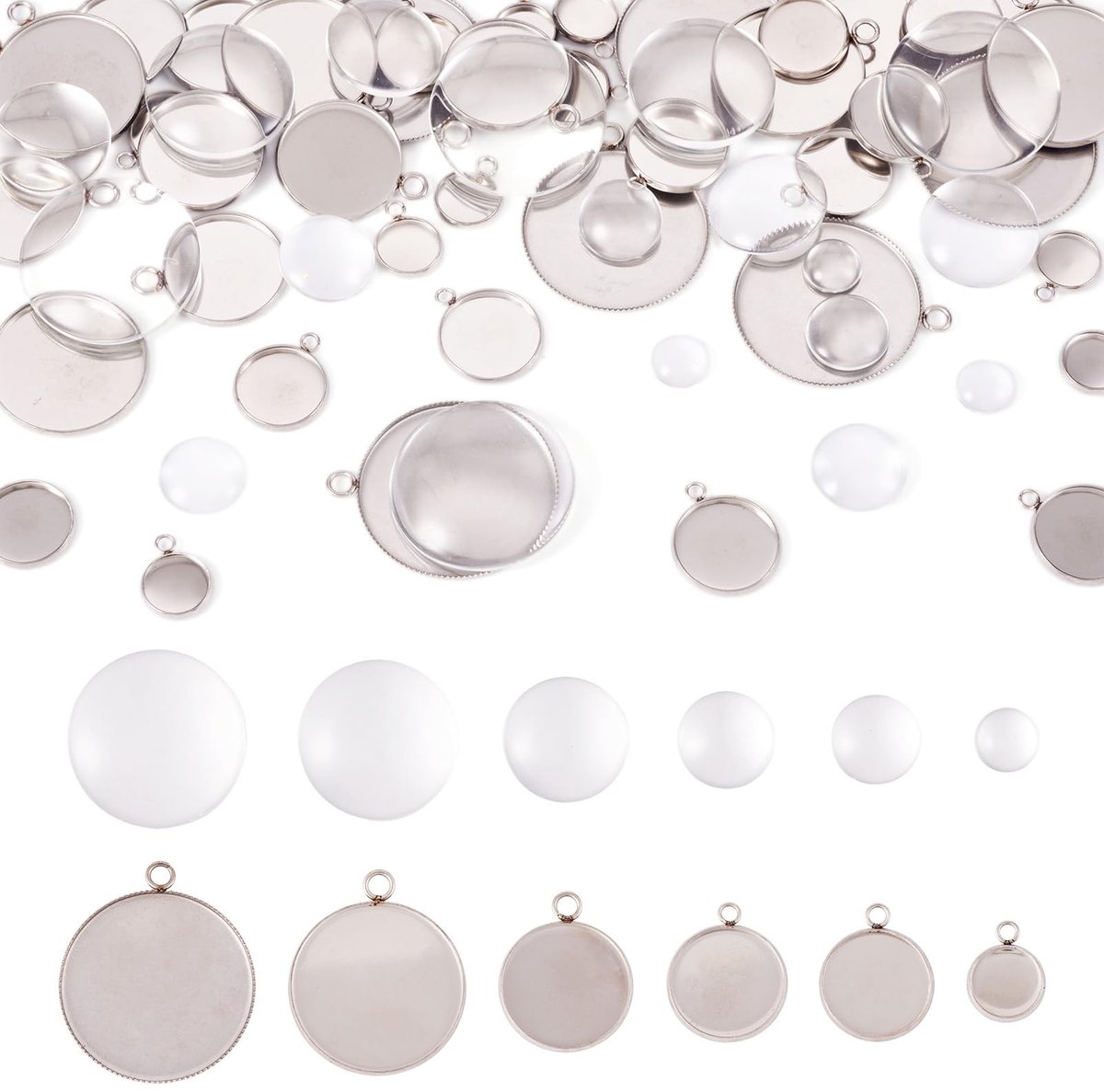 60 Stuks Ronde Hangertjes van RVS met Glazen Cabochons voor DIY Sieraden
