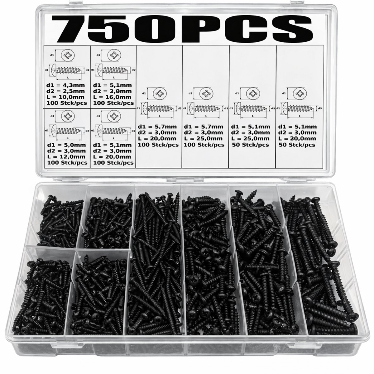 750 stuks plaatschroeven assortiment bolkop zwart 2.5–4.0 mm