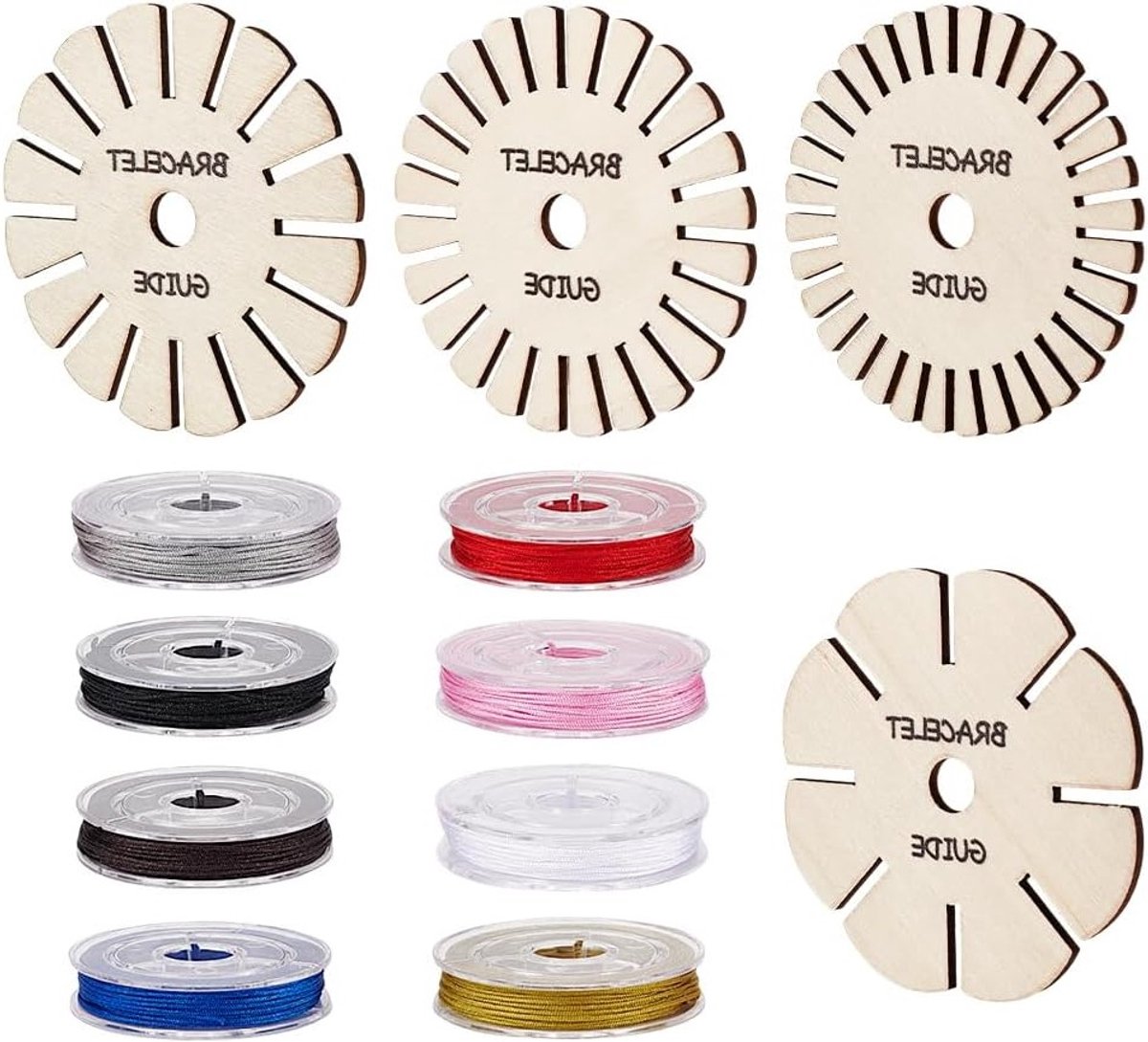 4 Stuks Houten Ronde Armband Weefplaat met 8 Rollen Nylon Draad voor Sieraden Maken en Gevlochten Armbanden