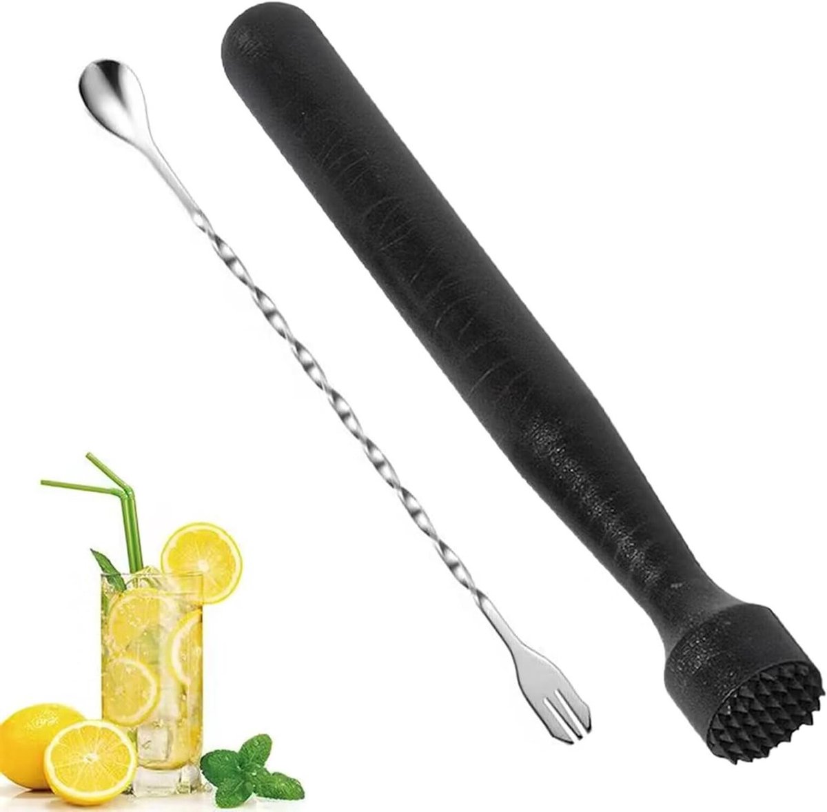 Professionele Cocktail Muddler en Bar Lepel Set voor het Maken van Heerlijke Cocktails, Roeren en Mixen van Dranken, RVS Kwaliteit