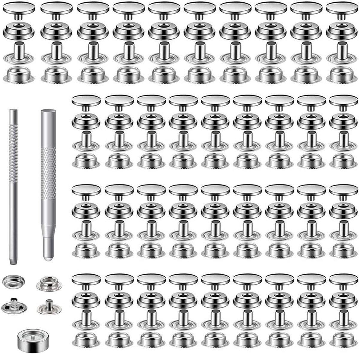 200 Stuks Metaal Drukknop Set - 15mm Canvas Snap Knoppen van RVS met 3 Verstelbare Gereedschappen, Sluitset voor Boottassen, Leren Projecten en Doe-Het-Zelf Creaties