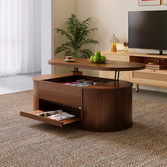 MODENUIT Salontafel - Verstelbaar Tafelblad Met Opbergruimte - Voor Woonkamer - MDF Walnootkleur - 110x55,5x40 cm