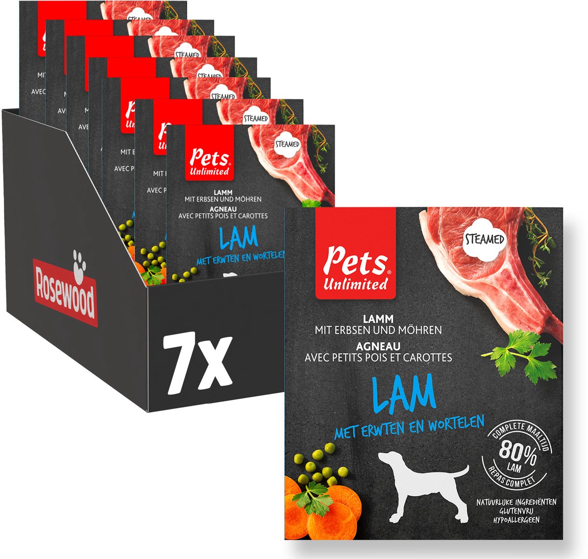 Rosewood Pets Unlimited - Honden Natvoer -Lam - Gestoomde Maaltijd - 7 bakjes x 395g
