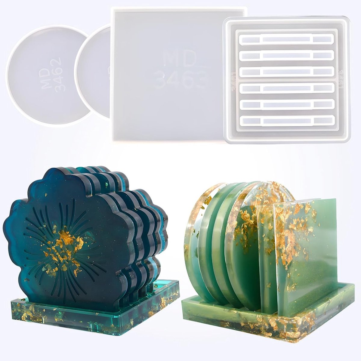 Siliconen Mallen voor Coasters met 5 Caviteiten, Grote Vormen voor DIY Coasters en Decoraties, Inclusief Rond en Vierkant Stempelhouders