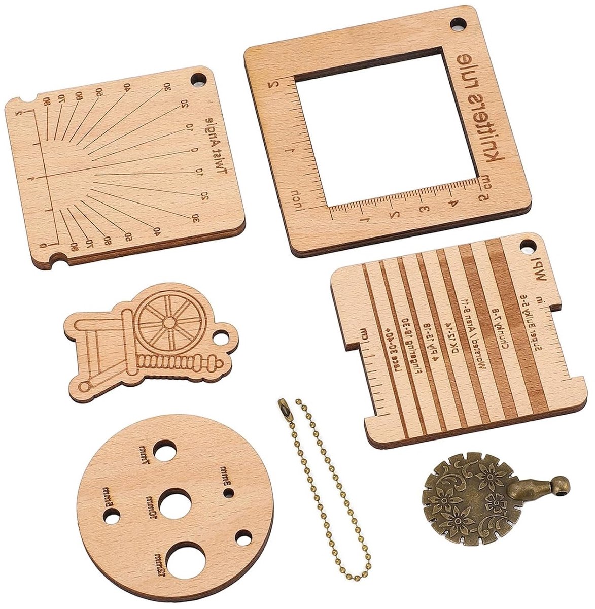 7-delige houten breimeter en garenmeetlat set voor haken, breien en garenopslag accessoires