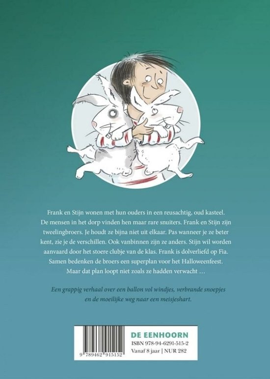 De achterkant van een kinderboek met "Frank en Stijn" die konijnen vasthouden. Tekst beschrijft het verhaal.