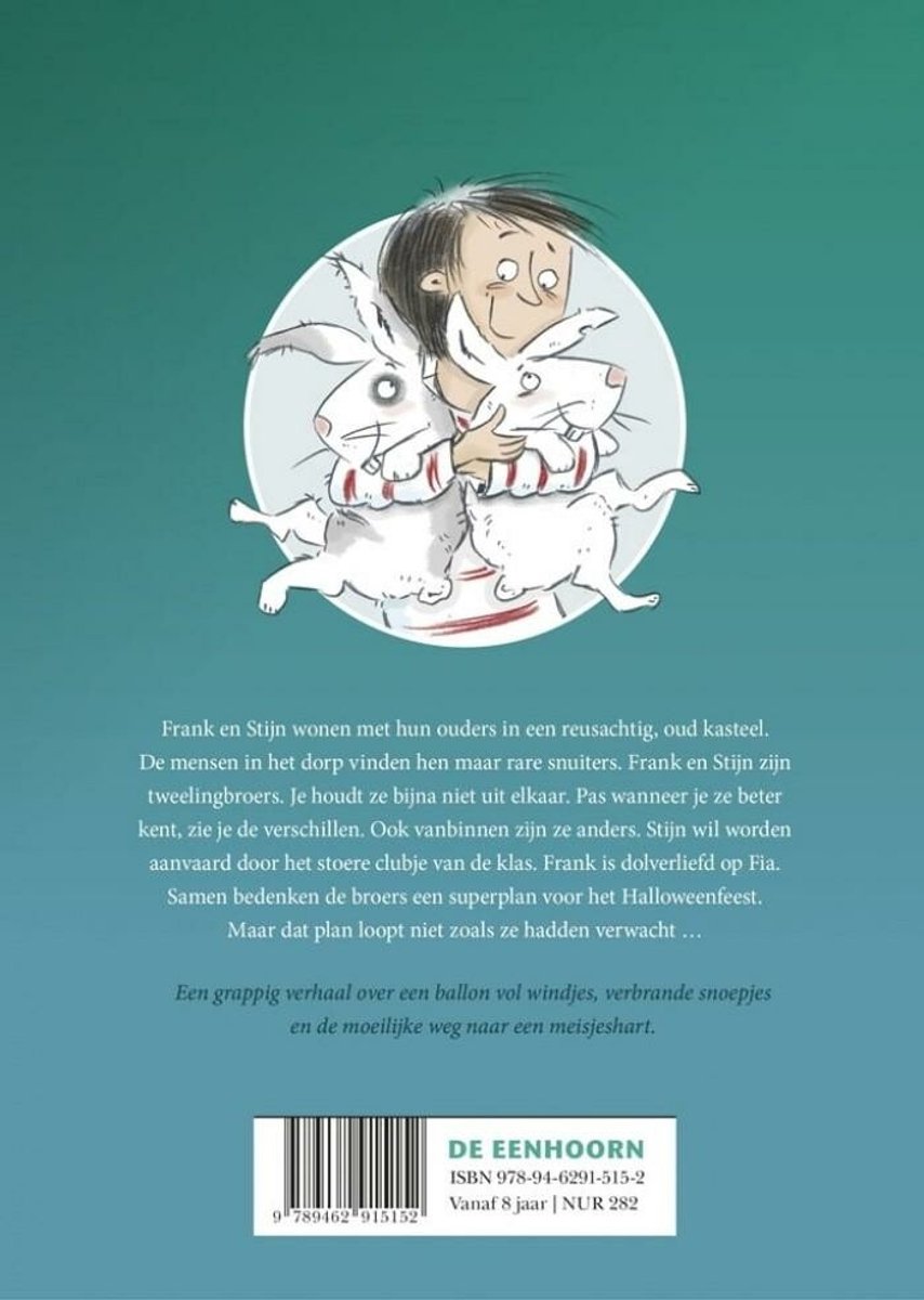 De achterkant van een kinderboek met "Frank en Stijn" die konijnen vasthouden. Tekst beschrijft het verhaal.