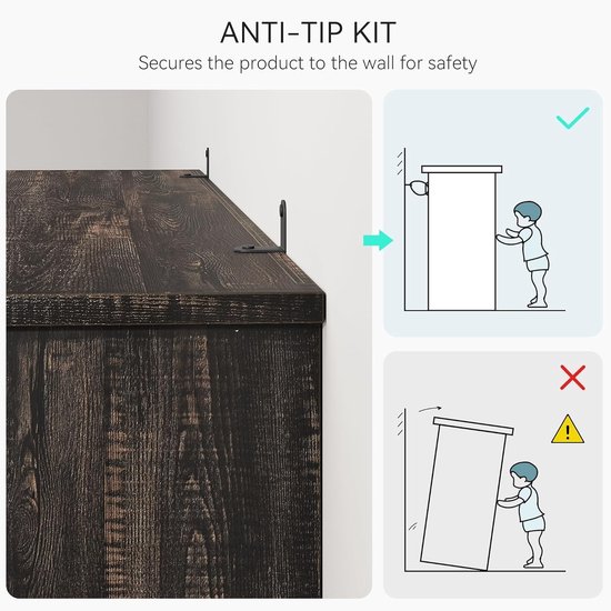 Illustratie van een anti-tip kit die de boekenkast aan de muur bevestigt, met een weergave van veilige en onveilige situaties.
