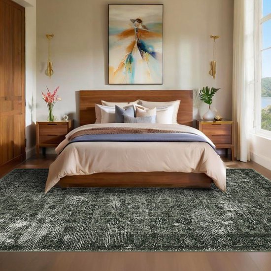 Vintage woonkamerkleed, wasbaar, zacht, antislip, groot, kortpolig kleed voor slaapkamer, eetkamer of kantoor, Donkergroen, 160x230 cm