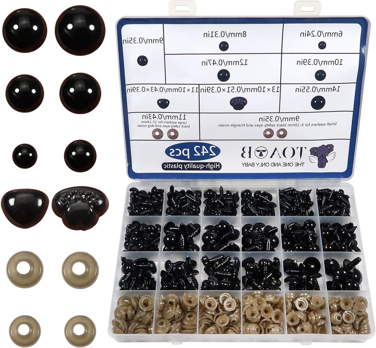 242 Stuks Veiligheidsogen met Wasjes 6mm 8mm 9mm 10mm 12mm 14mm Zwarte Plastic Ogen en Neusjes voor Amigurumi, Poppen en Gehaakte Dieren