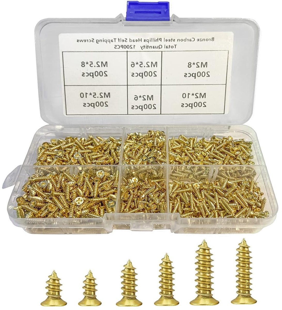 1200 Stuks Zelftappende Schroeven M2/M2.5 voor Elektronische Accessoires - Plat en Kruiskop - 6mm, 8mm, 10mm Schroefset voor Bevestigingsmaterialen en Hinge Toepassingen