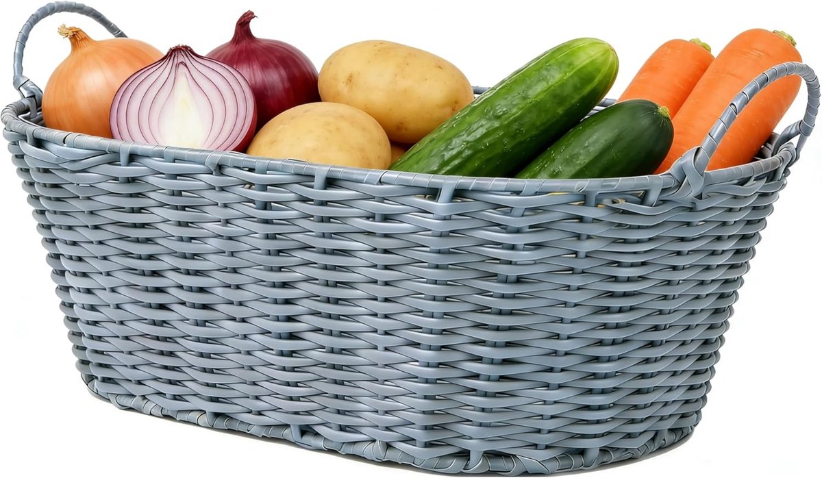 Picknickmand met Handgrepen - Picknick Mandje - Boodschappenmand - Fruitmand - Rotan - Grijs - 38 × 25 × 14 cm - van Imperatoris