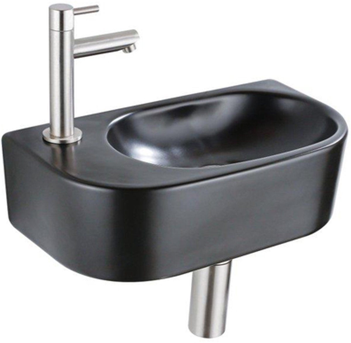 Fugaflow Efficiente Pietra Fonteinset - 40x21.5x12cm - links - glad - halfrond - 1 kraangat - keramiek - fonteinkraan geborsteld rvs - afvoerplug - verlaagd sifon - zwart mat