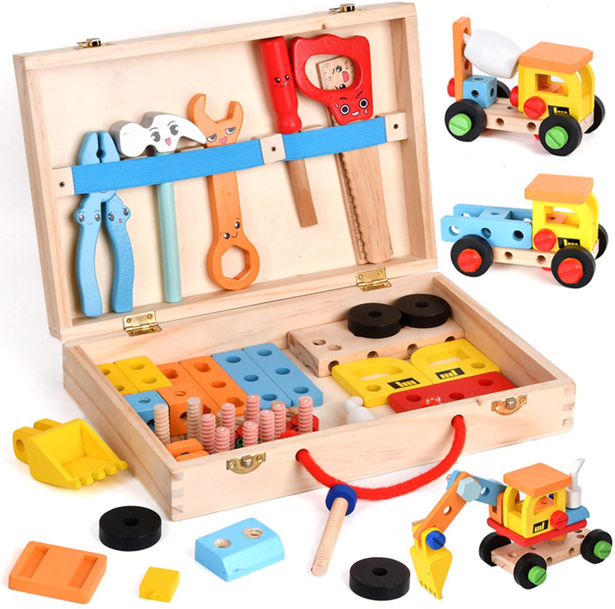 Houten kindertoolbox - Montessori speelgoed gereedschapskist - Bouw- en constructiespeelgoed - Bevordert hand-oog coördinatie en motoriek - Voor kinderen vanaf 3 jaar