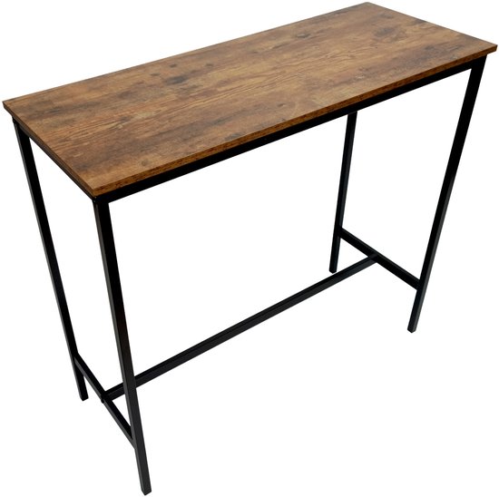 Bartafel met een houtnerf-effect blad en een slank zwart metalen frame, getoond in een isometrische weergave.