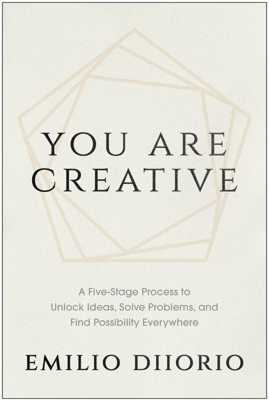 Boek 'YOU ARE CREATIVE' door EMILIO DIIORIO, met tekst over een geometrische vorm op een crèmekleurige achtergrond.