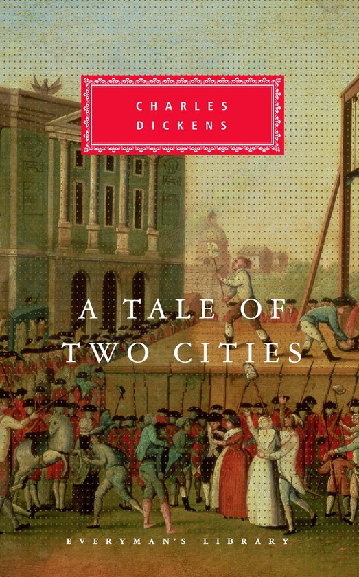 Boekomslag van 'A Tale of Two Cities' met een schilderij van een menigte en een schavot.