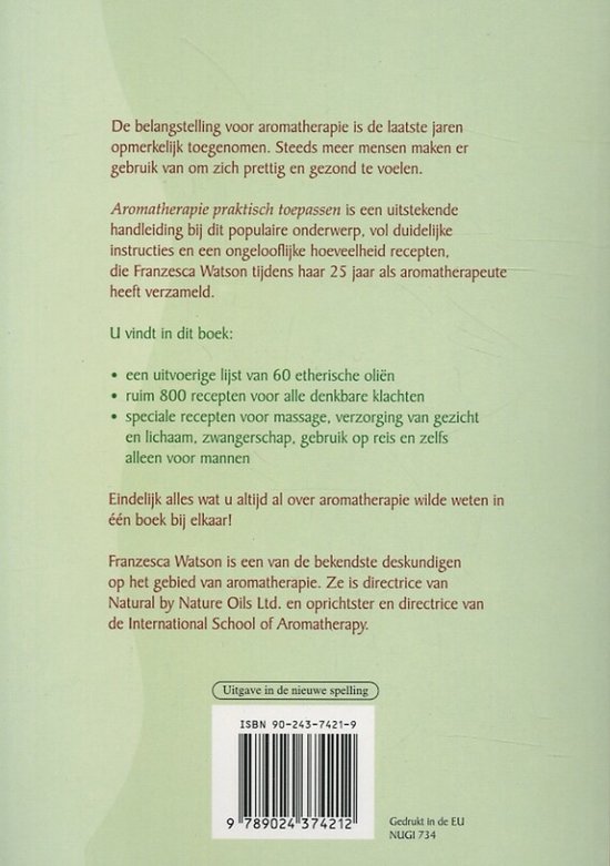 Achterkant van het boek 'Aromatherapie praktisch toepassen' met tekst en een barcode.