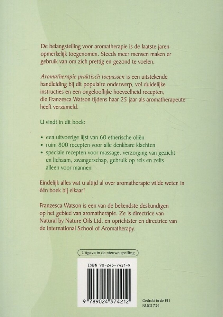 Achterkant van het boek 'Aromatherapie praktisch toepassen' met tekst en een barcode.