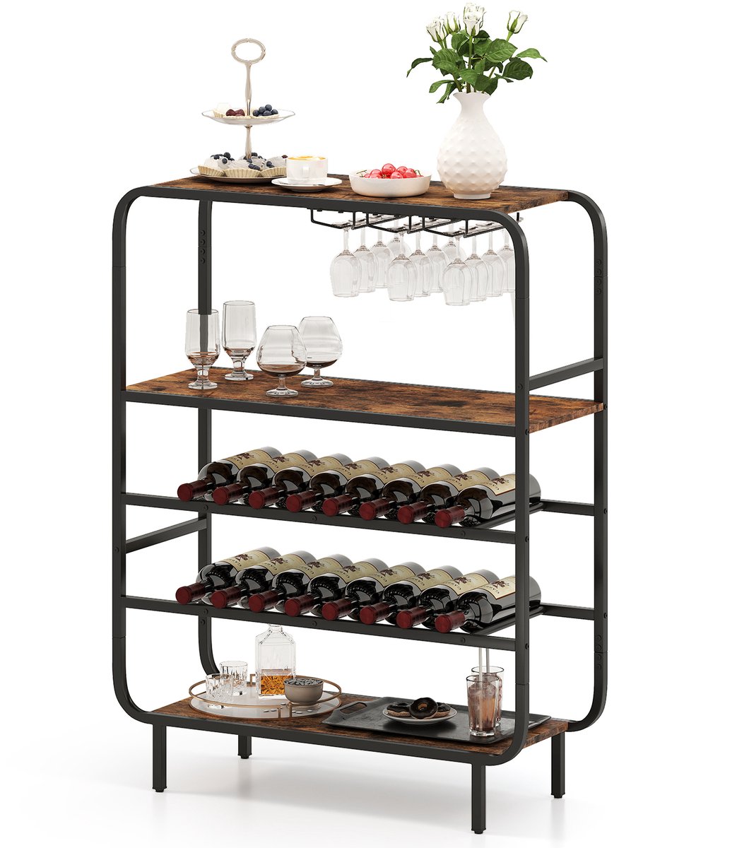 KOMFOTTEU Wijnrek met 5 etages, flessenrek, vrijstaand voor 16 flessen, drankrek met glashouder, 3 houten planken en metalen frame, wijnstandaard, wijnflessenrek voor keuken, bar, woonkamer