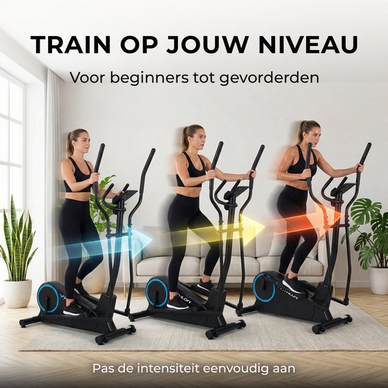 Drie versies van een vrouw die op een zwarte crosstrainer traint, met gekleurde pijlen die de intensiteit aangeven.