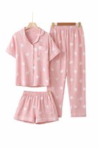 Dames Pyjama Set Katoen – Roze Hartjes – 3-delig (Lange Broek & Korte Broek) – Luchtige Zomer Pyjama – Lente Herfst Nachtkleding – Hydrofiel Katoen – Maat L (valt als M)