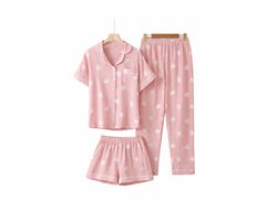 Dames Pyjama Set Katoen – Roze Hartjes – 3-delig (Lange Broek & Korte Broek) – Luchtige Zomer Pyjama – Lente Herfst Nachtkleding – Hydrofiel Katoen – Maat L (valt als M)