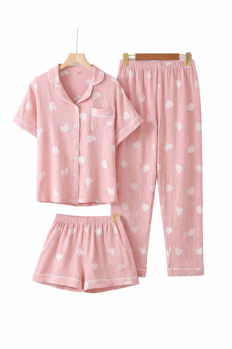 Dames Pyjama Set Katoen – Roze Hartjes – 3-delig (Lange Broek & Korte Broek) – Luchtige Zomer Pyjama – Lente Herfst Nachtkleding – Hydrofiel Katoen – Maat L (valt als M)