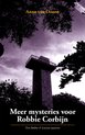 Boekkaft met een donkere toren tegen een paarse, dramatische hemel, met de titel "Meer mysteries voor Robbie Corbijn".