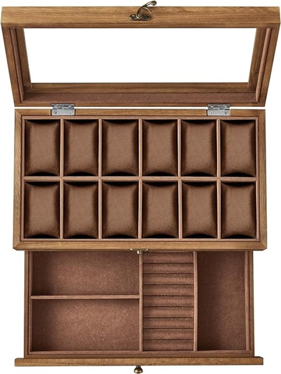 Horlogedoos met 12 vakken, massief houten opbergdoos met glazen deksel en horlogekussens