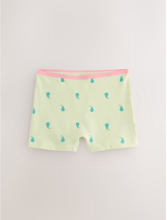 Lichtgroene boxershorts met een all-over patroon van blauwe peren met gezichtjes en een roze boord.