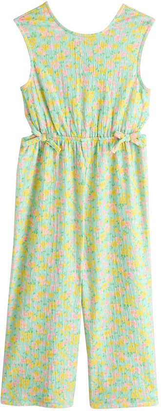 Lichtgroene jumpsuit met bloemenprint van roze en gele bloemen, mouwloos met ronde hals en wijde pijpen.