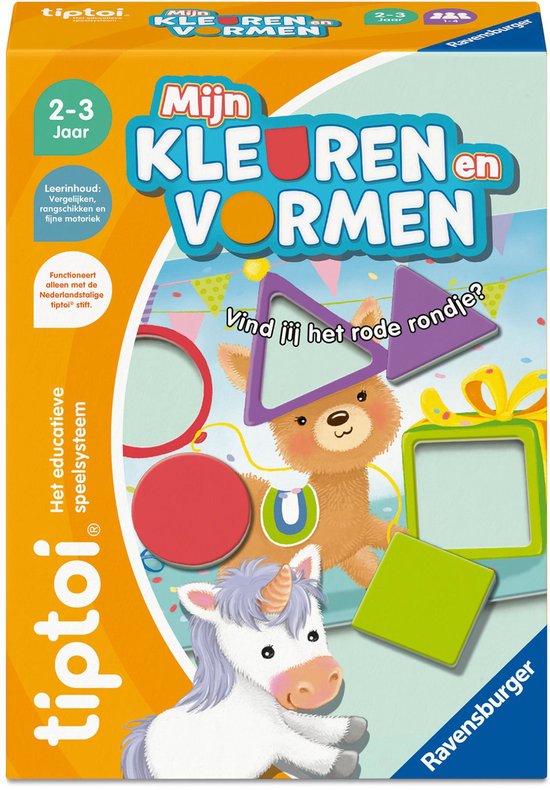 tiptoi® spel "Mijn kleuren en vormen" met een eekhoorn en een eenhoorn, en gekleurde vormen zoals een rode cirkel, paarse driehoek, groene vierkant en blauwe rechthoek.