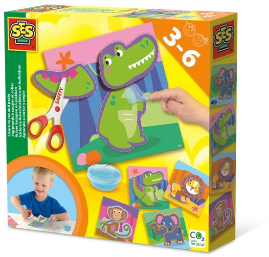 SES Creative - Ik leer knippen en plakken - 4 knipkaarten en 4 plakkaarten - inclusief veilige kinderschaar en vingerlijm - speelgoed vanaf 3 jaar - Knutselen