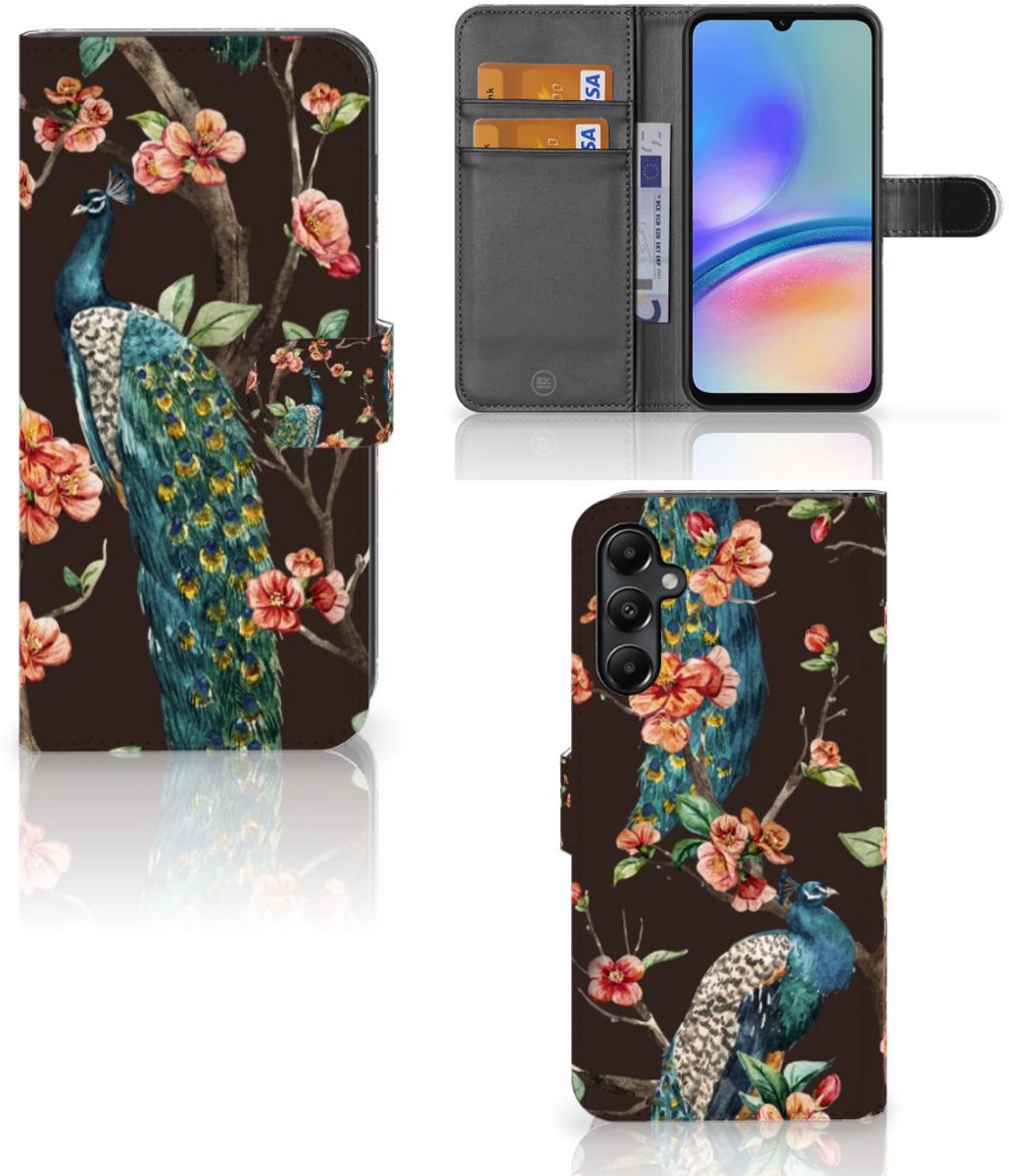Samsung Galaxy A05s Telefoonhoesje met Pasjes Pauw met Bloemen