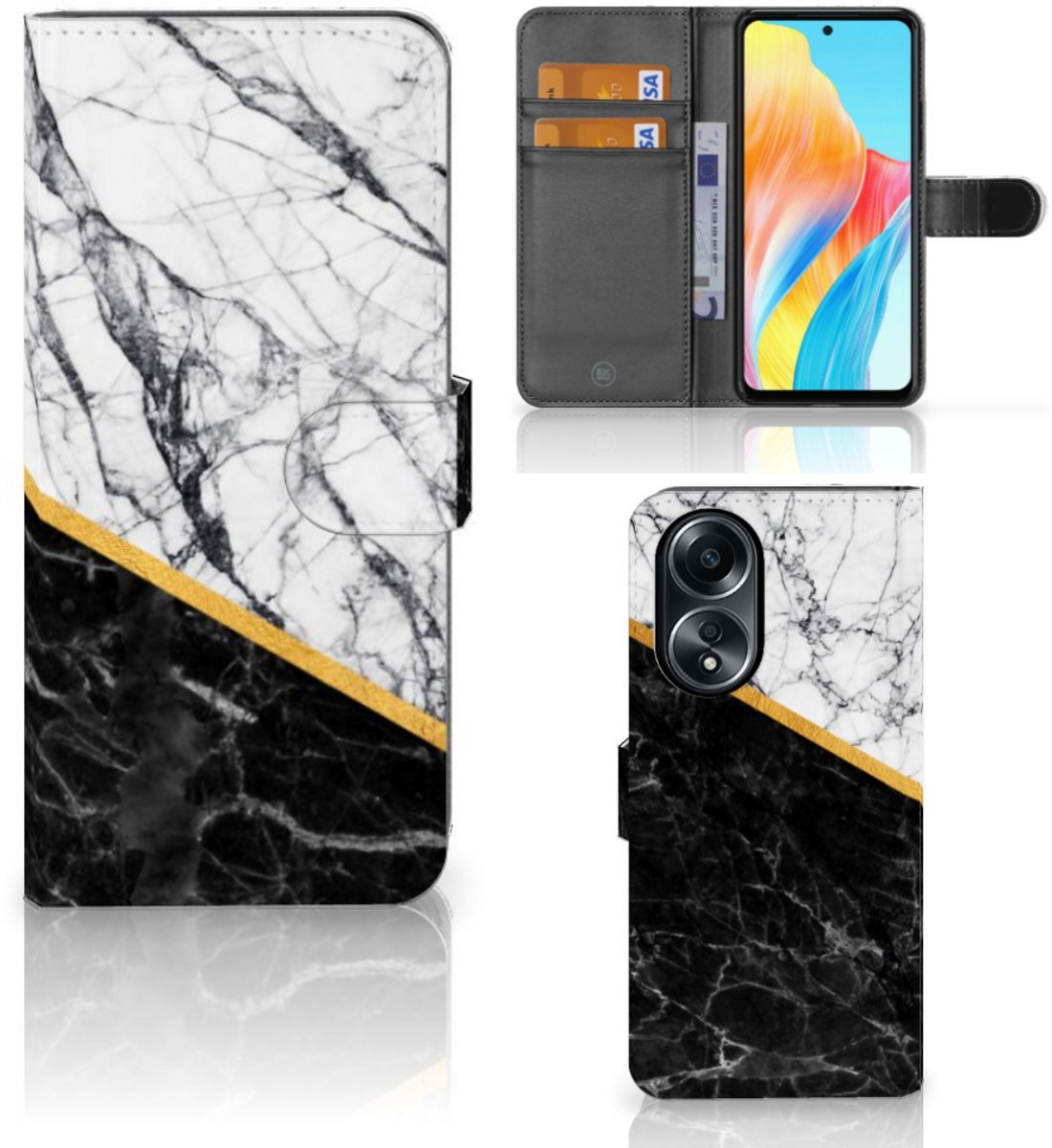 OPPO A58 4G Bookcase Marmer Wit Zwart - Origineel Cadeau Man
