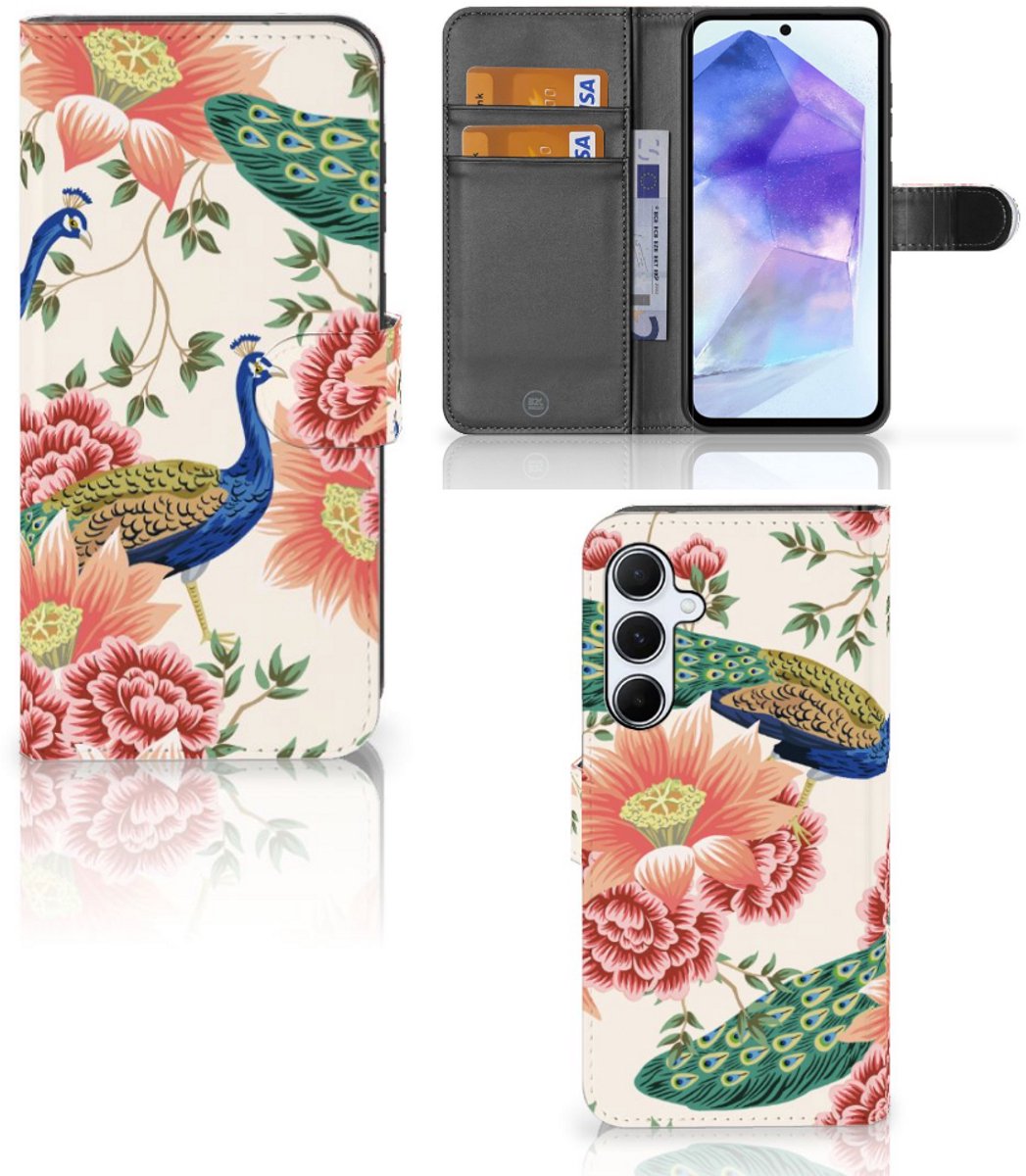 Telefoonhoesje met Pasjes voor Samsung Galaxy A55 Pink Peacock