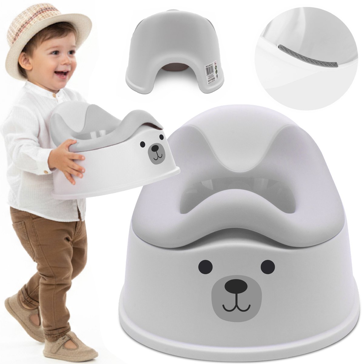 sun baby Potje - 18-36 maanden - antislipvoeten, ergonomische rugleuning, verwijderbare inzet, kunststof, tot 15 kg - Wit-Grijs + Sticker Beer