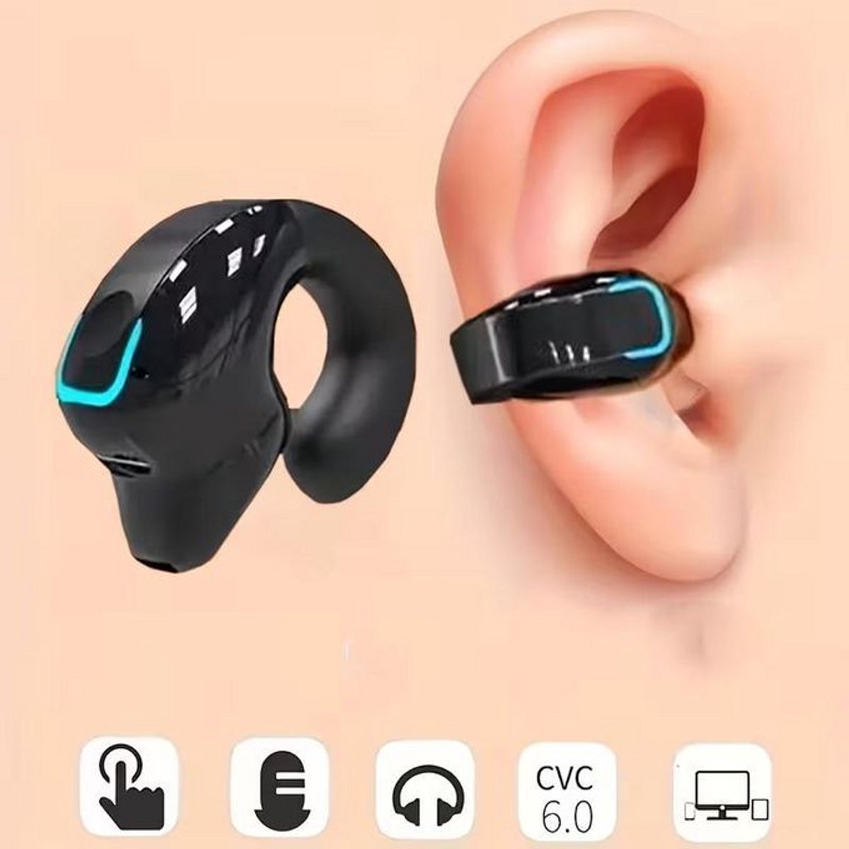 Clip-On Bluetooth Oortje (Single Ear) – Draadloze Open-Ear Headset met Microfoon – Sport & Handsfree