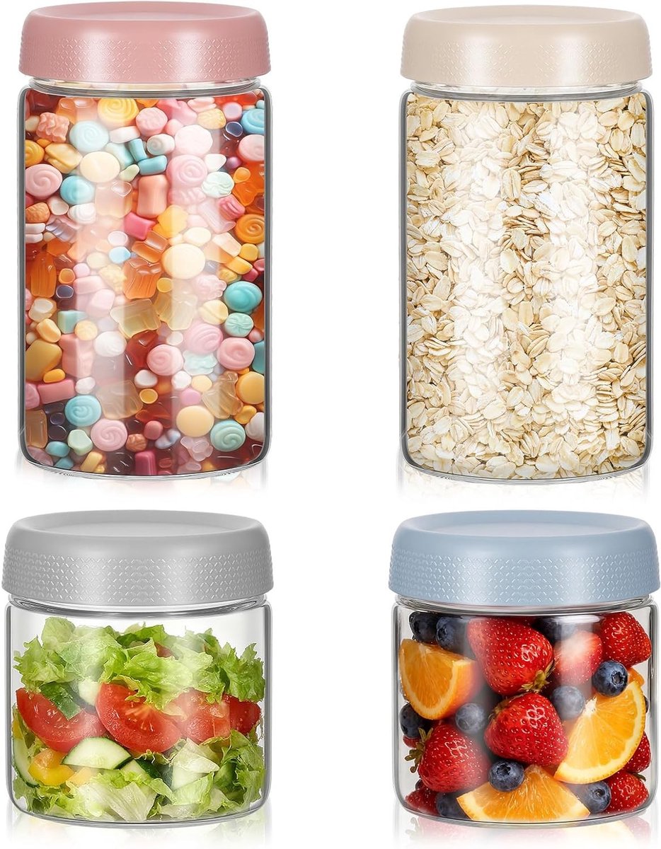 4x Set Glazen Potten met Deksel voor Overnight Oatmeal, Yoghurt en Salades