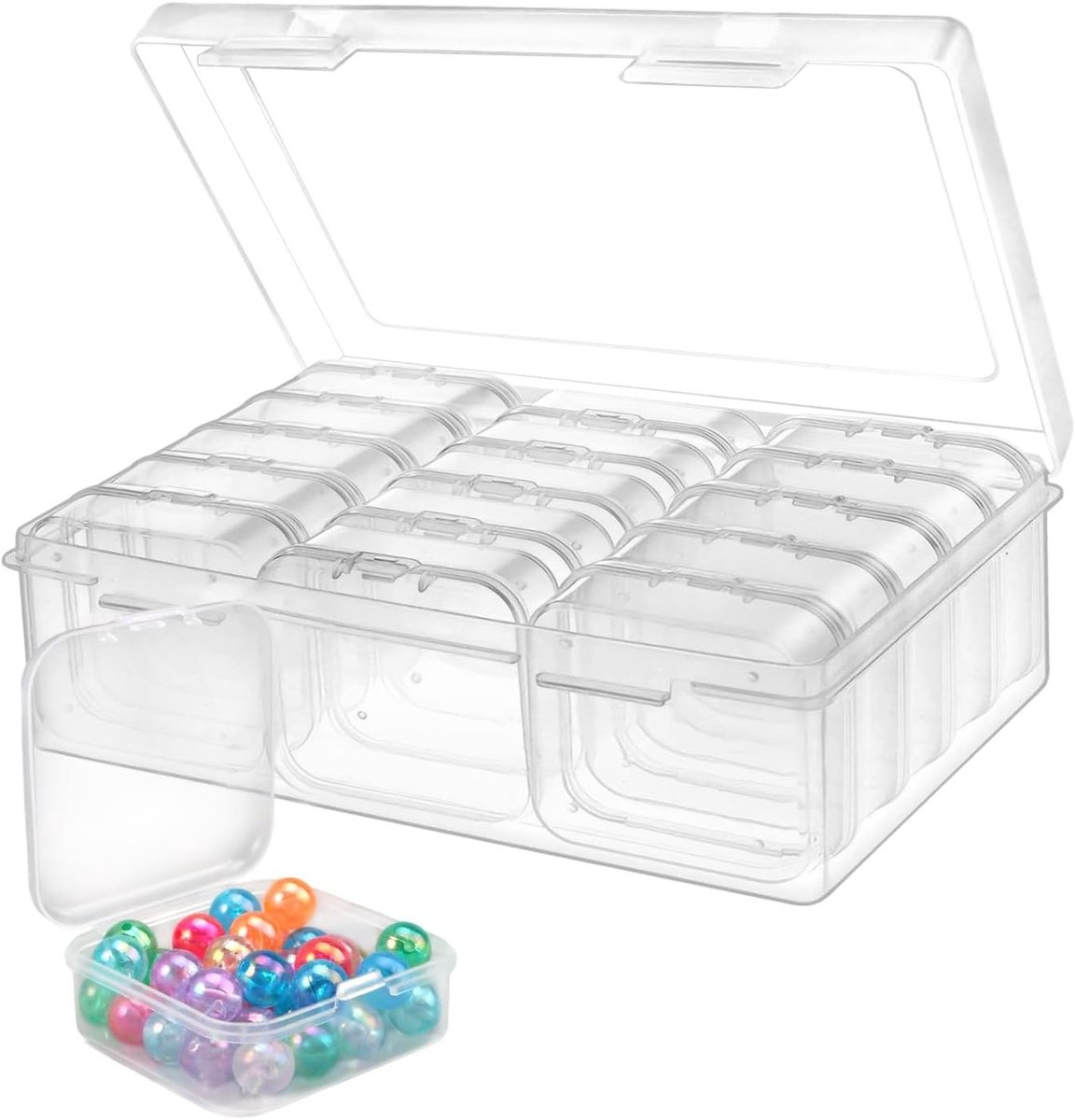 16 Kleine Plastic Opbergdozen, 15 Mini Transparante Dozen (5.5 x 5.5 x 2 cm), 1 Grote Opbergcontainer met Scharnierdeksel, Ideaal voor Sieraden, Knutselen en Hobby's