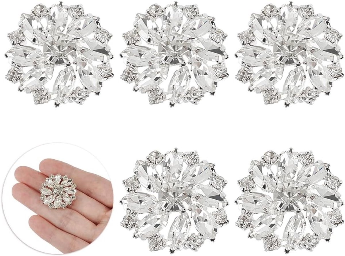 Set van 6 stuks 26.5mm Bloemvormige Kralen in Messing met Kristallen en Zilverkleur voor Naaiwerk - 1 Gat, Platte Achterkant, Modeaccessoires, Sneeuwvlok Design