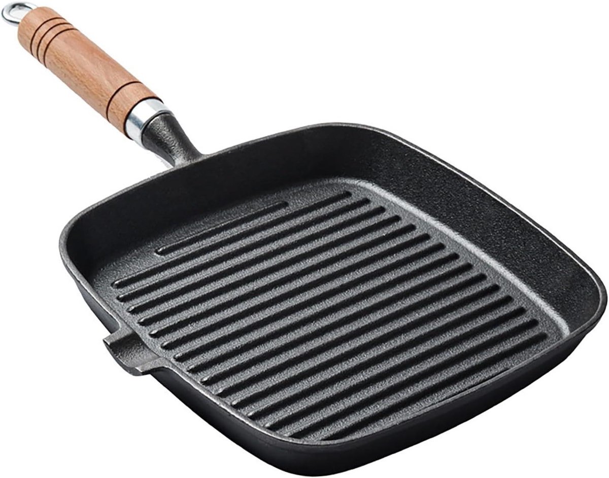 Gietijzeren Grillpan - Steakpan Vierkant - Biefstuk Bereiden - Houten Handvat - 22 cm - Zwart