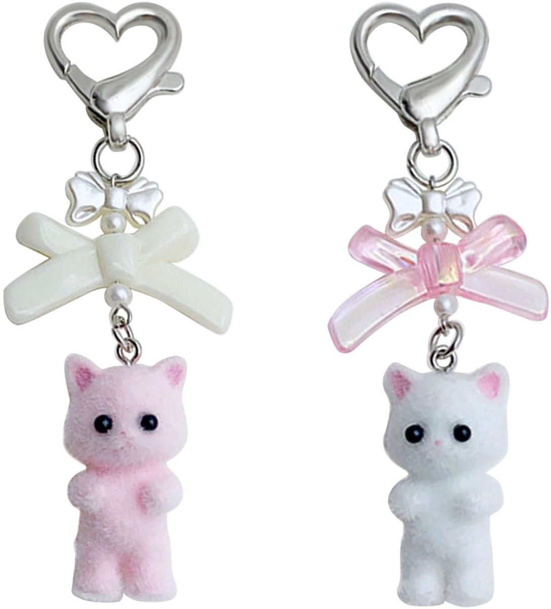 Dailygoods- Sleutelhanger Schattig Ontwerp - Katten Sleutelhanger - Pluizige Hanger - Roze Strikparel - Set van 2 - Ideaal Voor Tassen - Kattenhanger
