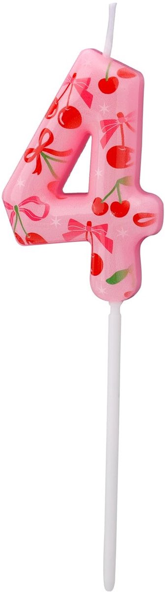Dailygoods- Verjaardagskaars Zoete Roze Kers - Nummerkaars 4 - Paraffinewas - Taarttopper - Decoratie - Veiligheidswaarschuwing - Cijferkaars