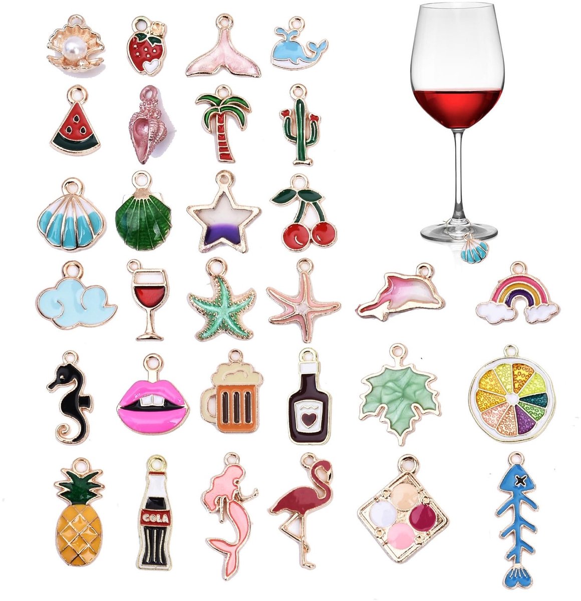 Dailygoods- Wijnglashangers 30 Stuks - Drankmarkeringen - Ringen Glasidentificatie - Herbruikbaar - Fluwelen Opbergzakje - Creatief Zeemotief - Drankmarkers