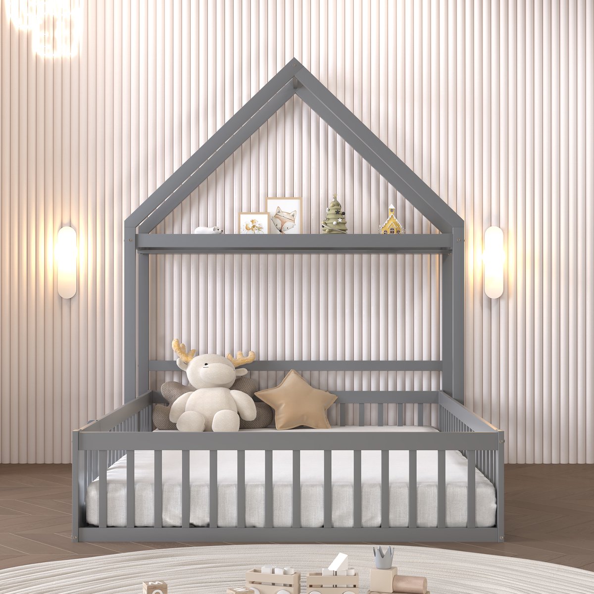 VVBV Kinderbed 140x200 – Bed voorzien van Opbergruimte 140x200 – met Uitvalbeveiliging en Opbergruimte – Massief Hout – Grijs – Lattenbodem – Zonder Matras Gray