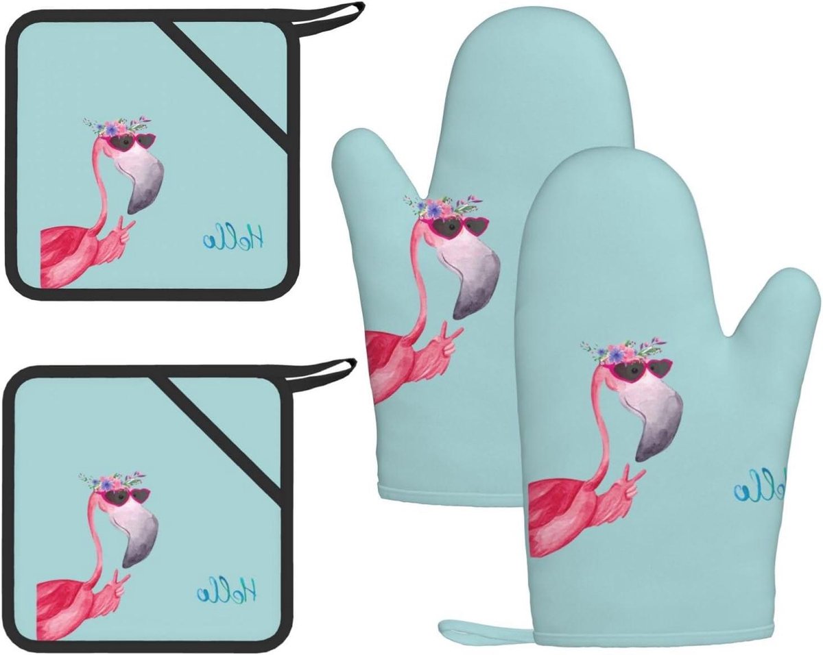 Hello Glasses Flamingo Printed Heat Resistant Gloves And Pad Silicone Oven Gloves